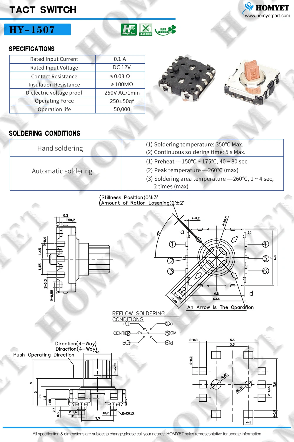 Manufacturer Surface Mount Multi-Directional Switch 4-Direction Type with Center-Push Function