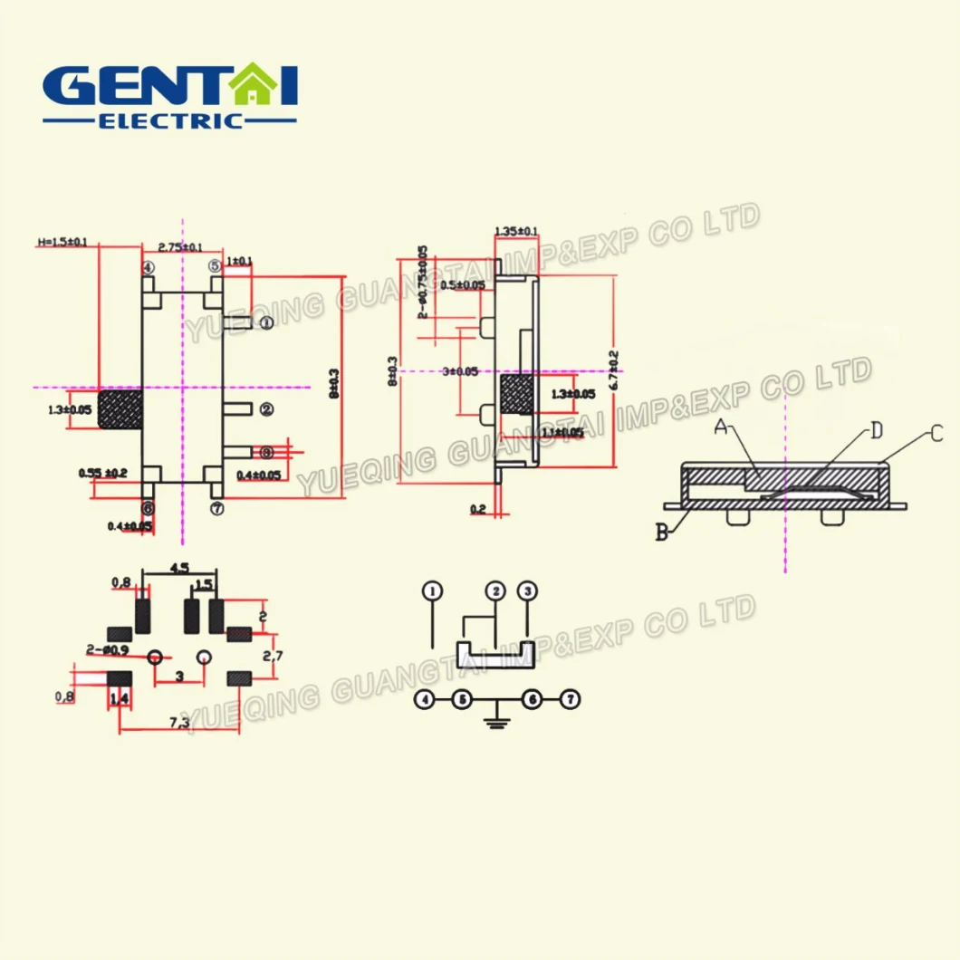 7 Pin SMD Mini Slide Switch with White or Black Stem