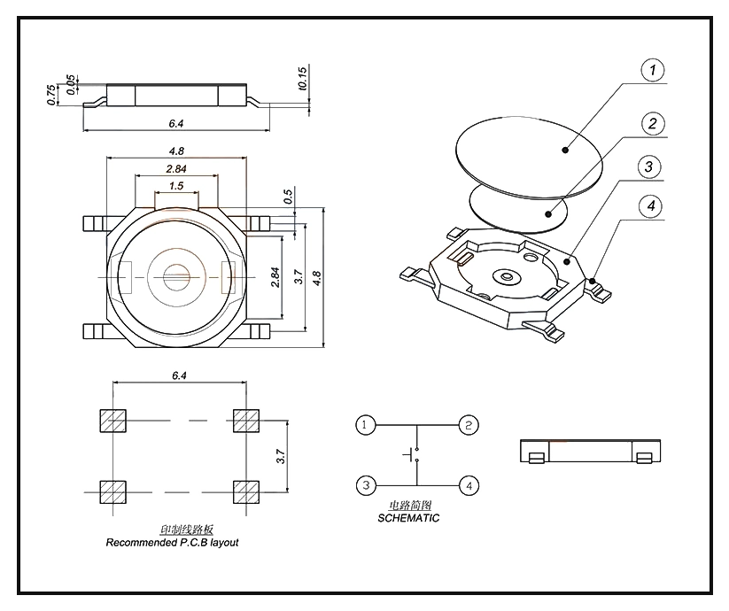 Best Quality Ultra Thin Miniature Micro Tact Switch 5.2*5.2*1.0mm Height SMT Metal Dome Push Tactile Switch